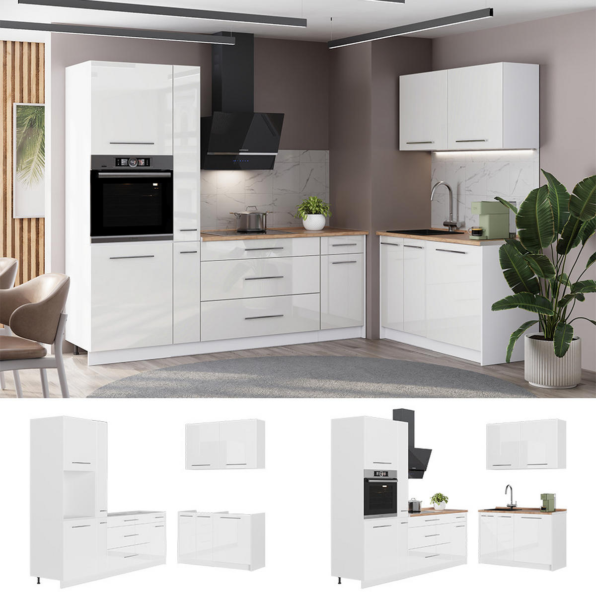 KÜCHENZEILE Fame-Line, Weiß Hochglanz/Weiß, 220 x 120 cm, AP Eiche - Weiß Hochglanz/Weiß, Holzwerkstoff (220/206.8/60cm) - Vicco