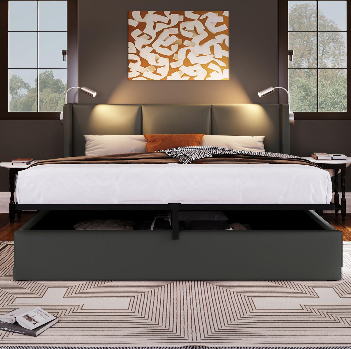 POLSTERBETT mit Bettkasten 140x200 cm PU Grau mit Matratze - Grau, Metall (140/200cm) - Meubliv