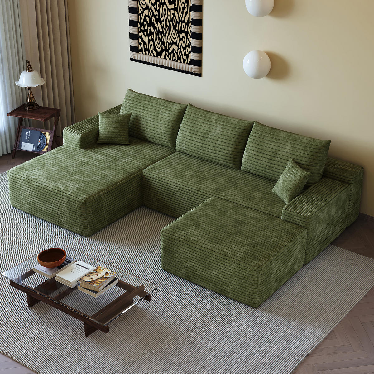 WOHNLANDSCHAFT DE-34857 U-Form 2-Sitzer Chaiselongue links Grün - Grün, Textil (175/83/270cm) - ComfortXL