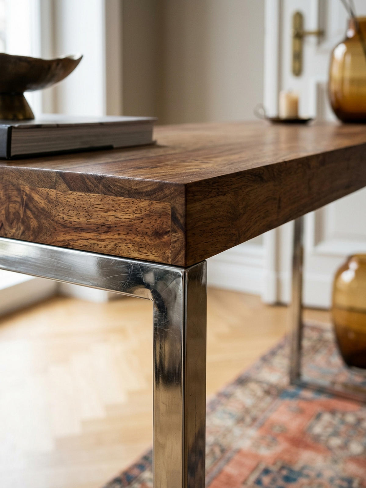 KONSOLENTISCH Massivholz Chromgestell Handgefertigt ISEN, Braun 120x45x77 cm - Silberfarben/Braun, Holz/Metall (45/120/77cm) - KADIMA DESIGN
