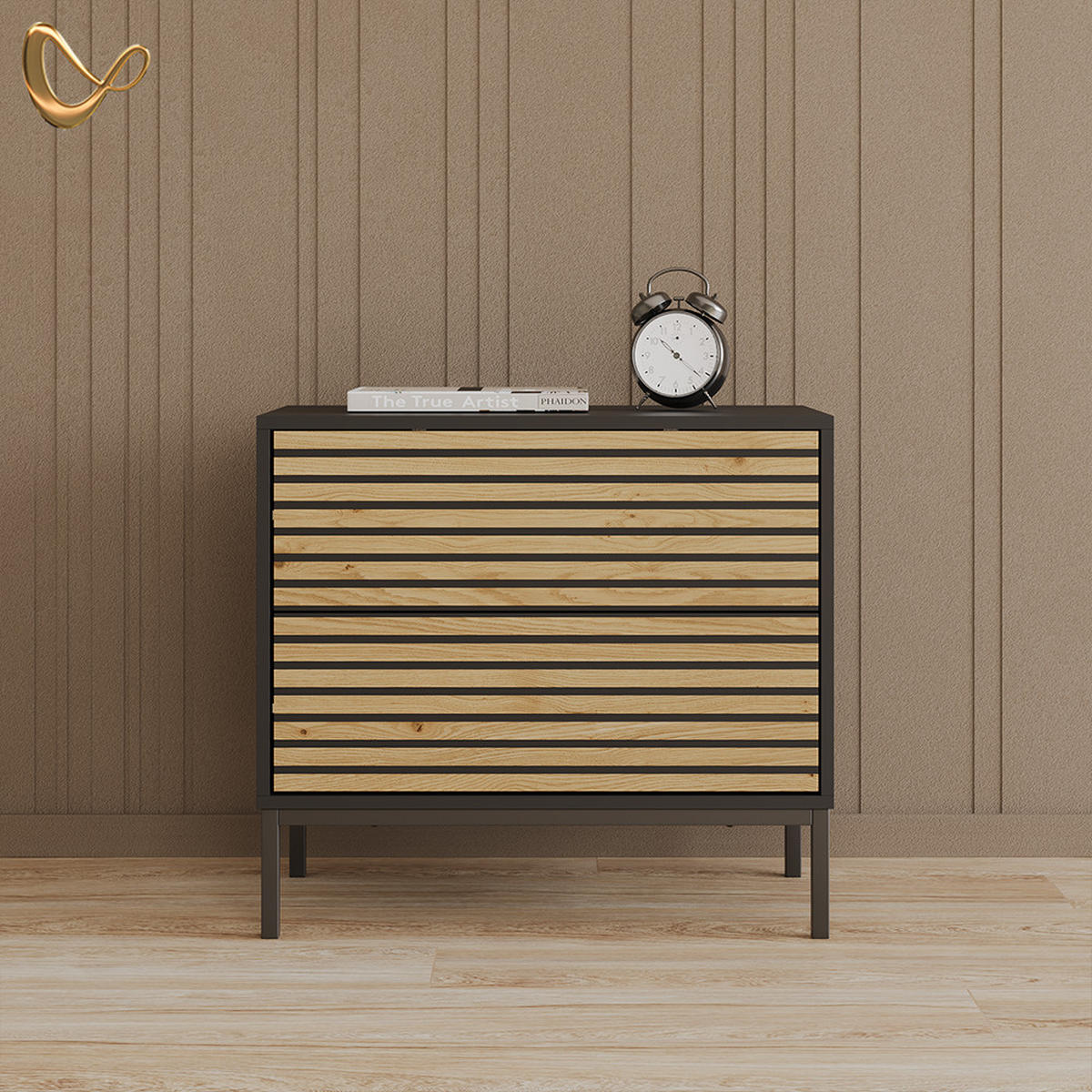 NACHTTISCH Aterno Goldkraft Eiche/Anthrazit mit 2 Schubladen - Honigeiche/Anthrazit, Holzwerkstoff (66/60/36cm) - Livinity®