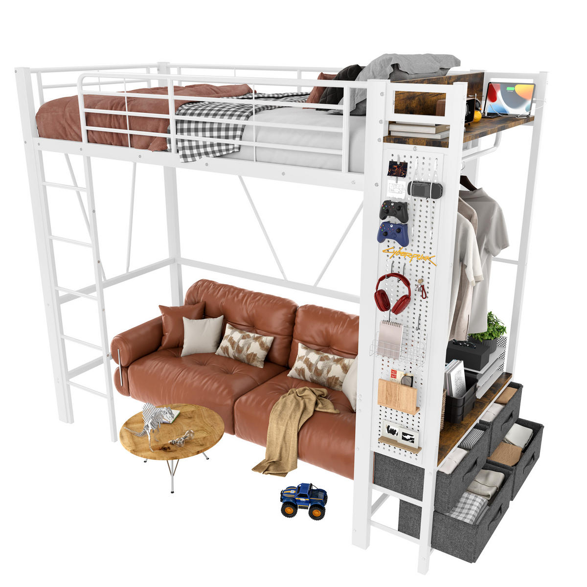 HOCHBETT 90x200cm Weiß Metall Trockenstab 4 Schubladen USB-C LED - Weiß, Metall (90/200cm) - FLIEKS