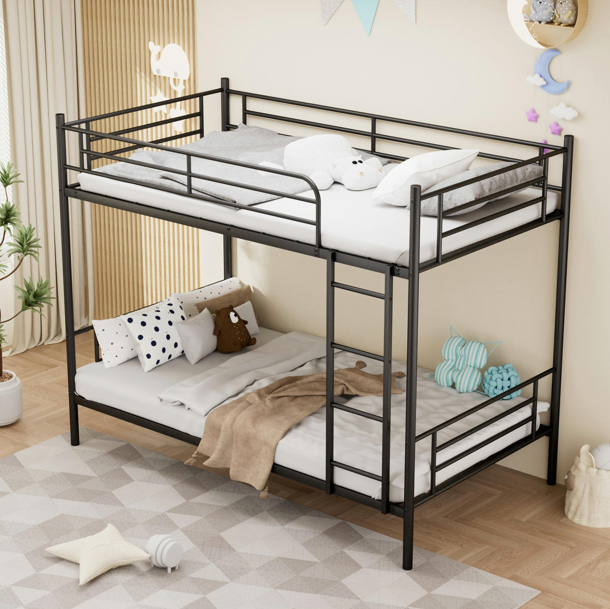 ETAGENBETT Stahl 90x190 cm Schwarz mit Leiter und hohem Geländer platzsparend - Schwarz, Metall (90/190cm) - Modfu