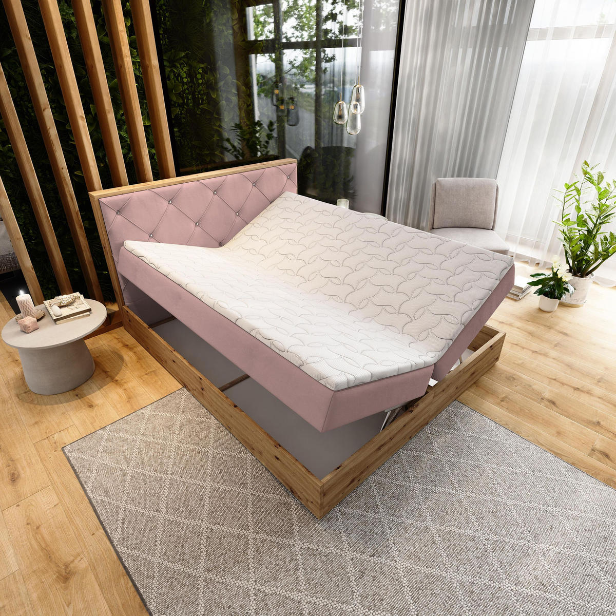 BOXBETT FOSCO 160x200 cm mit Matratze und Topper - Rosa - Rosa, Holz (160/200cm) - MASSENO