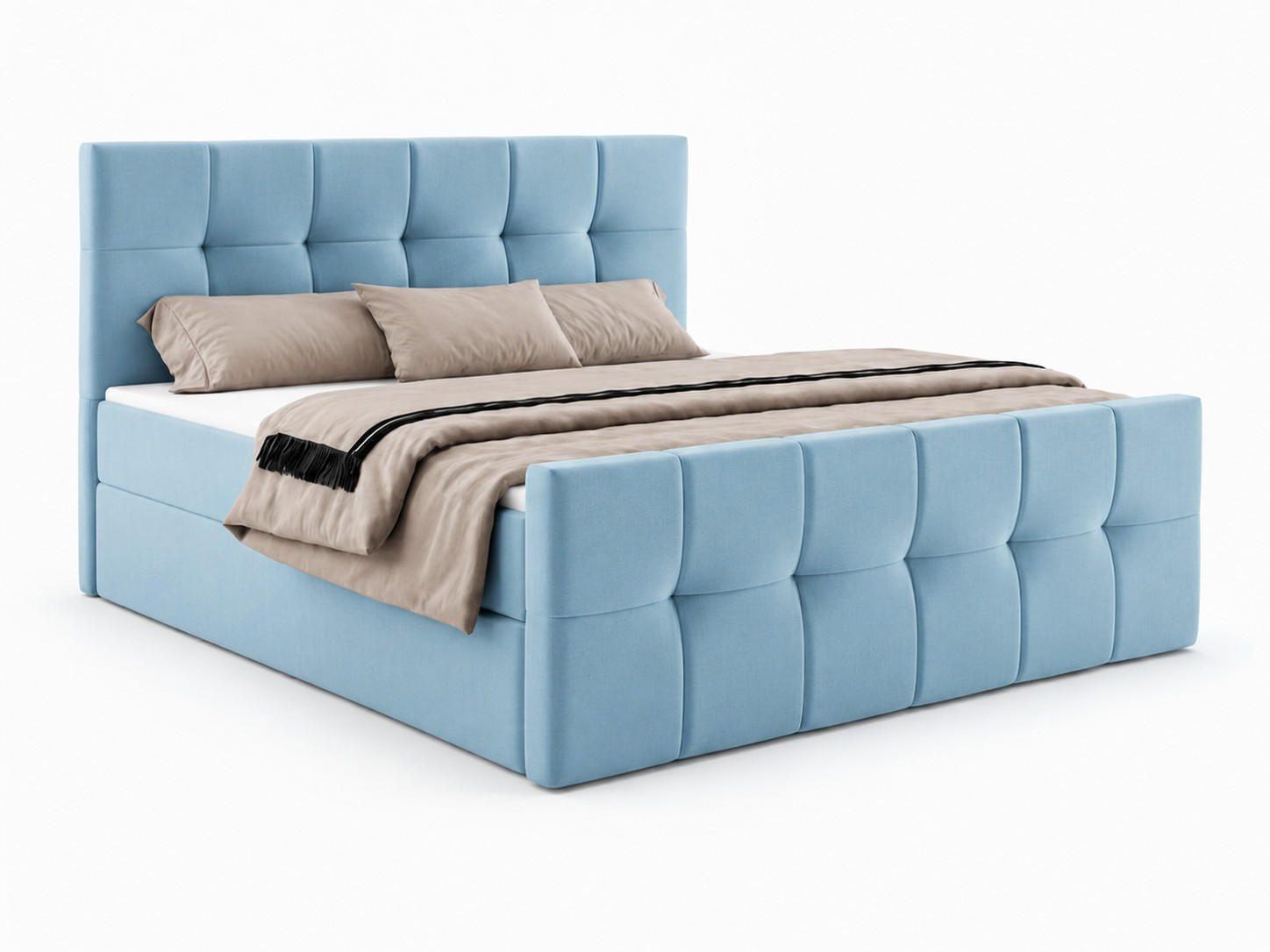 BOXBETT AUREN FRONT 200x200 cm Komplett-Set mit Bonell-Matratze, Topper und Bettkasten, Samt Hellblau - Hellblau, Textil (200/200cm) - Luxkor24
