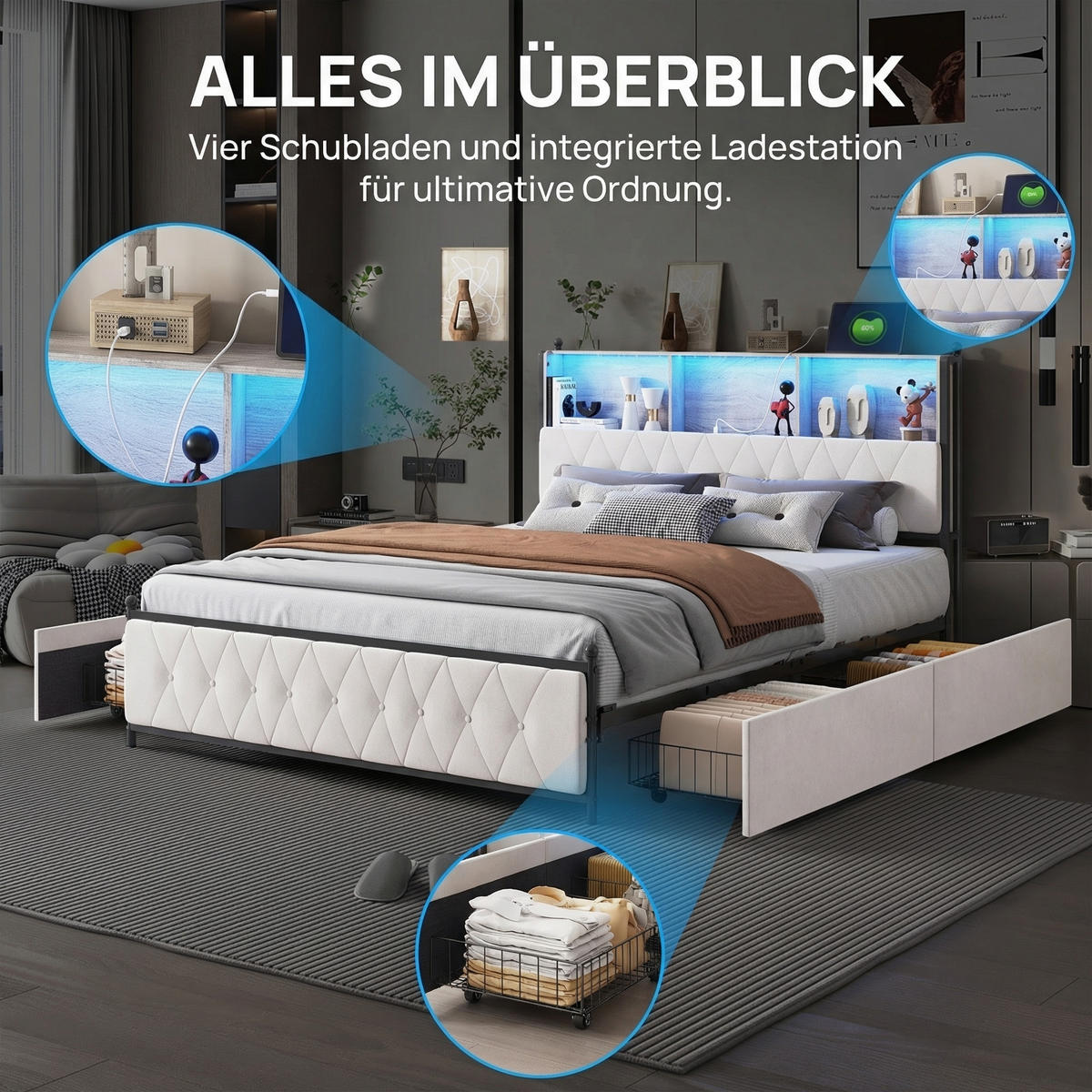 POLSTERBETT 180/200 hydraulisch mit Stauraum, LED und USB-Kopfteil - Beige, Holz/Metall (180/200cm) - Joyfair