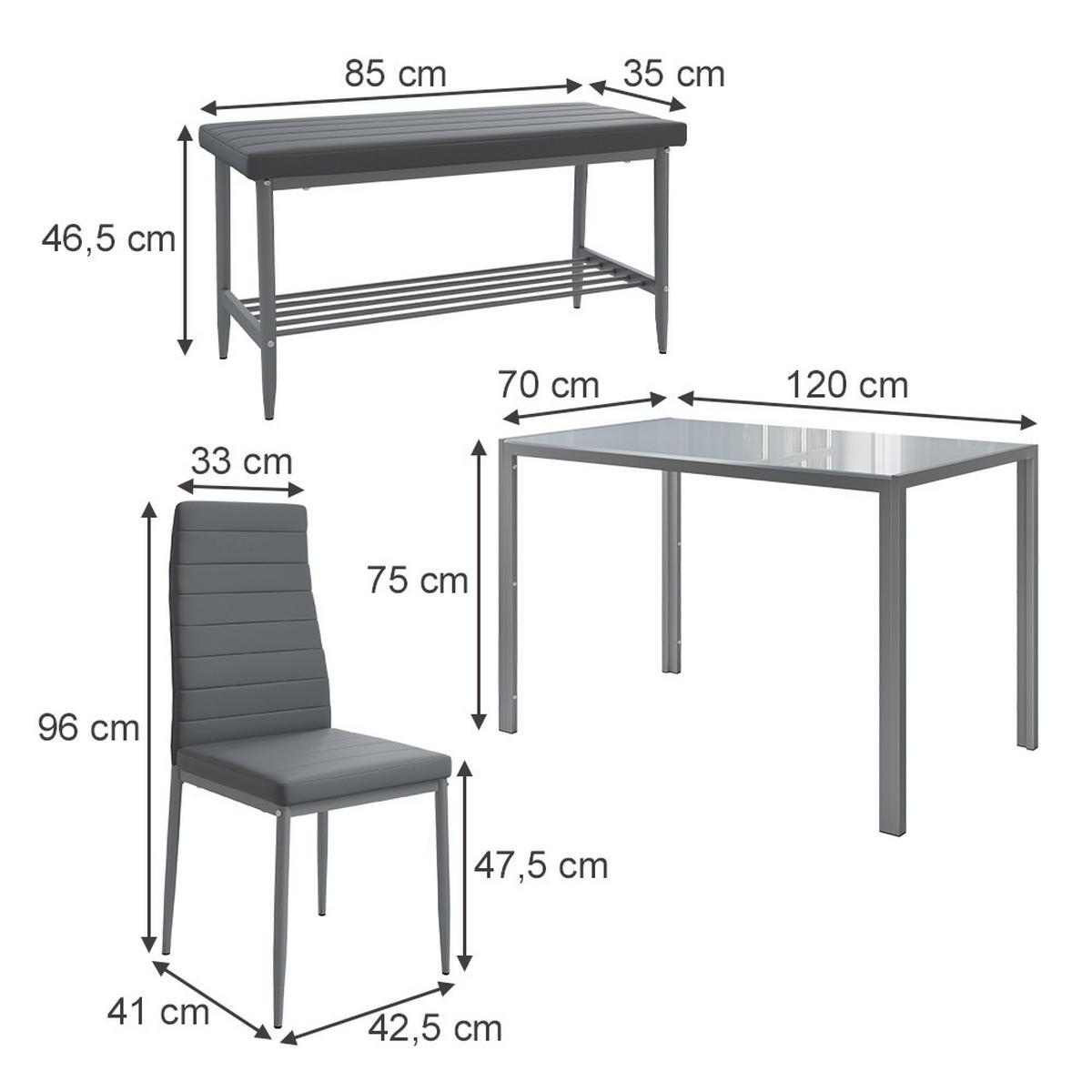 ESSTISCH-SET Grand Grau 120 x 70 cm 4-teiliges Set - Grau, Metall (120/75/70cm) - Vicco