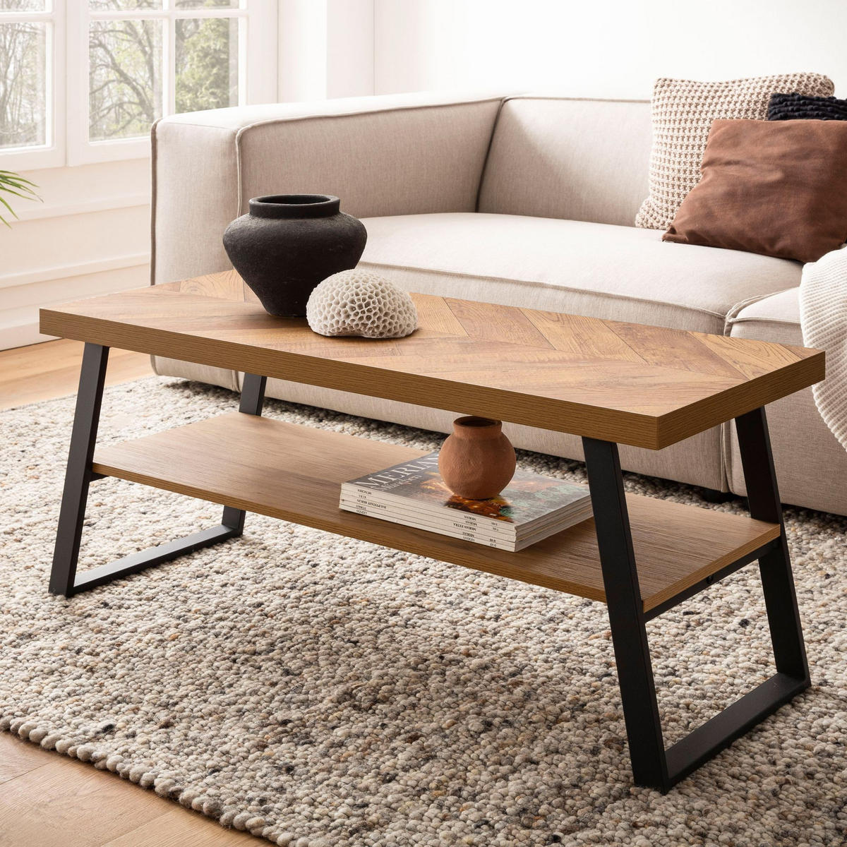 COUCHTISCH Braun Fischgrät-Muster 100x40x41cm mit Ablage und Metallgestell - Schwarz/Braun, Holz/Metall (40/100/41cm) - KADIMA DESIGN