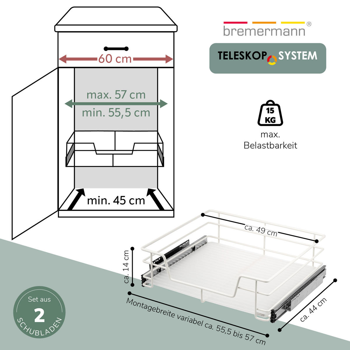 TELESKOPSCHUBLADEN (2er Set), für 60 cm Schrank, Metall, Weiß - Chromfarben, Metall (57/14/44cm) - bremermann