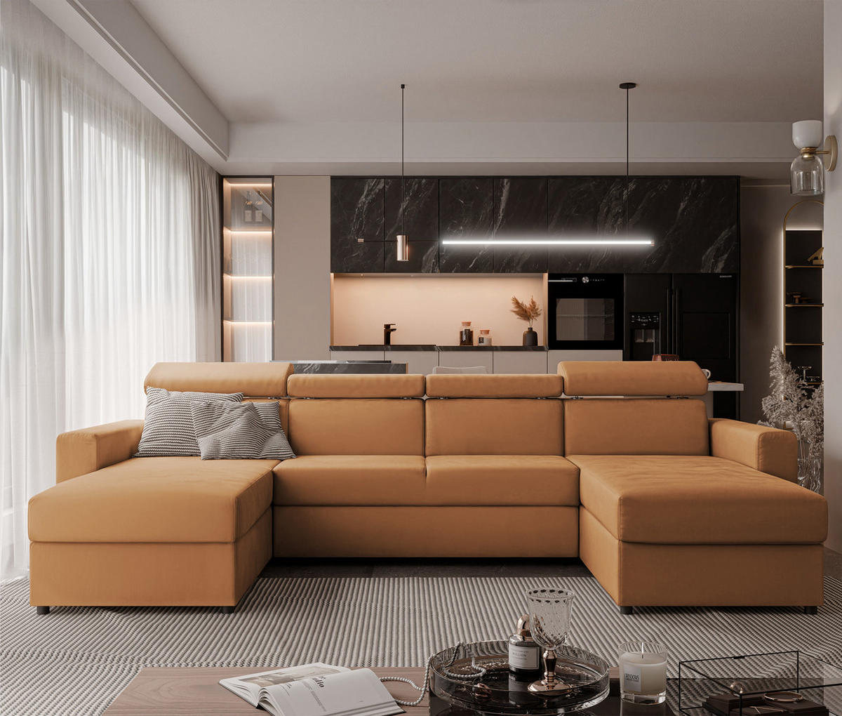 WOHNLANDSCHAFT BENI U II mit verstellbaren Kopfstützen und Schlaffunktion, Farbe: Orange - Orange, Textil (302/60/166cm) - Idohome