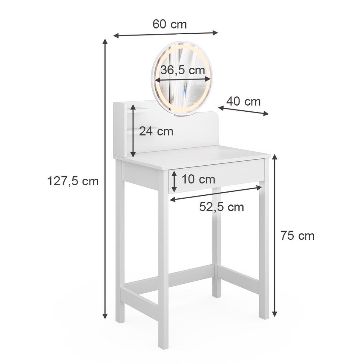 SCHMINKTISCH Surrey Weiß 60 cm mit LED-Spiegel - Weiß, Holzwerkstoff (60/127.5/40cm) - Vicco