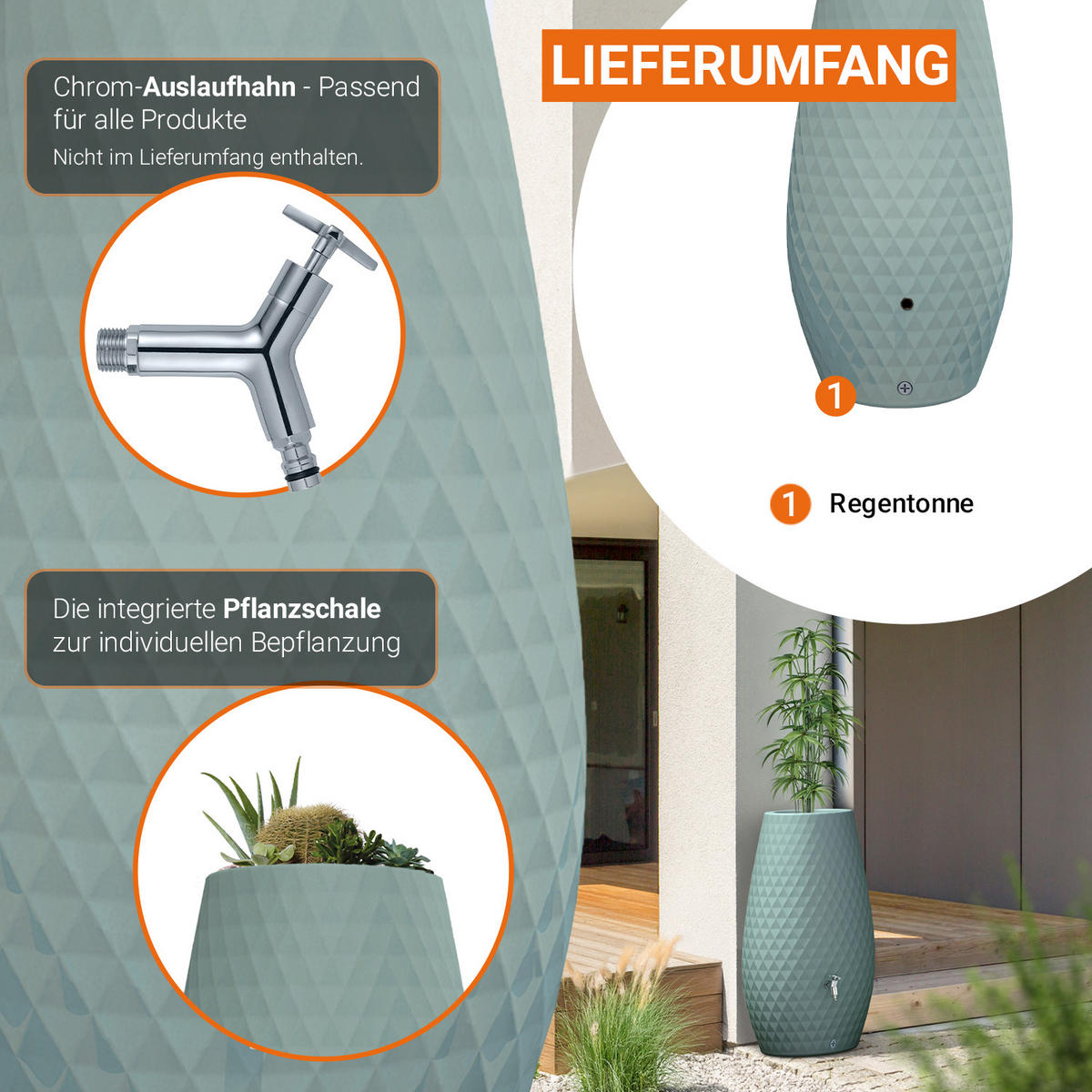 2IN1 Regentonne 230 L, agave - Grün, Kunststoff (53/118/65cm) - GARANTIA