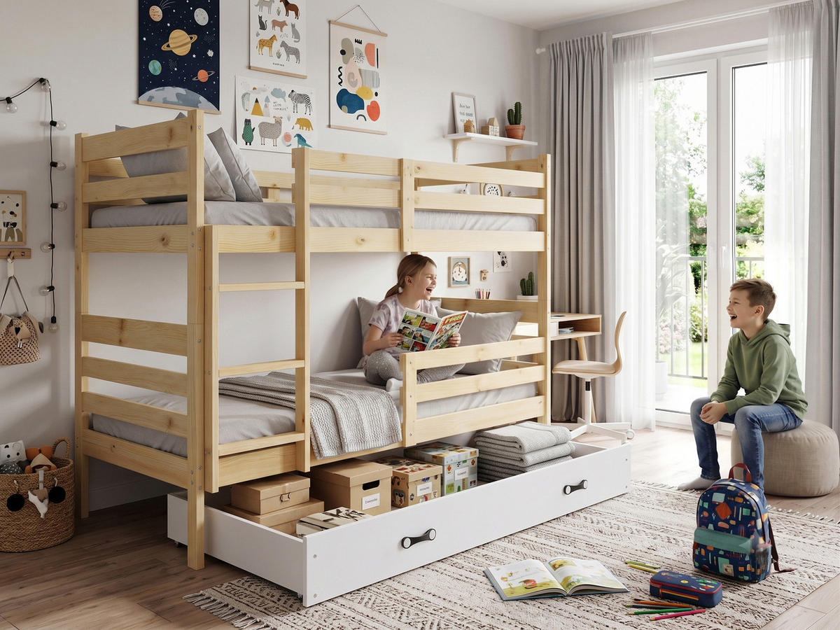 ETAGENBETT ERYK 90/190 cm aus massivem Kiefernholz, weiß, mit Schublade, ohne Matratzen - Kieferfarben, Holz - Interbeds