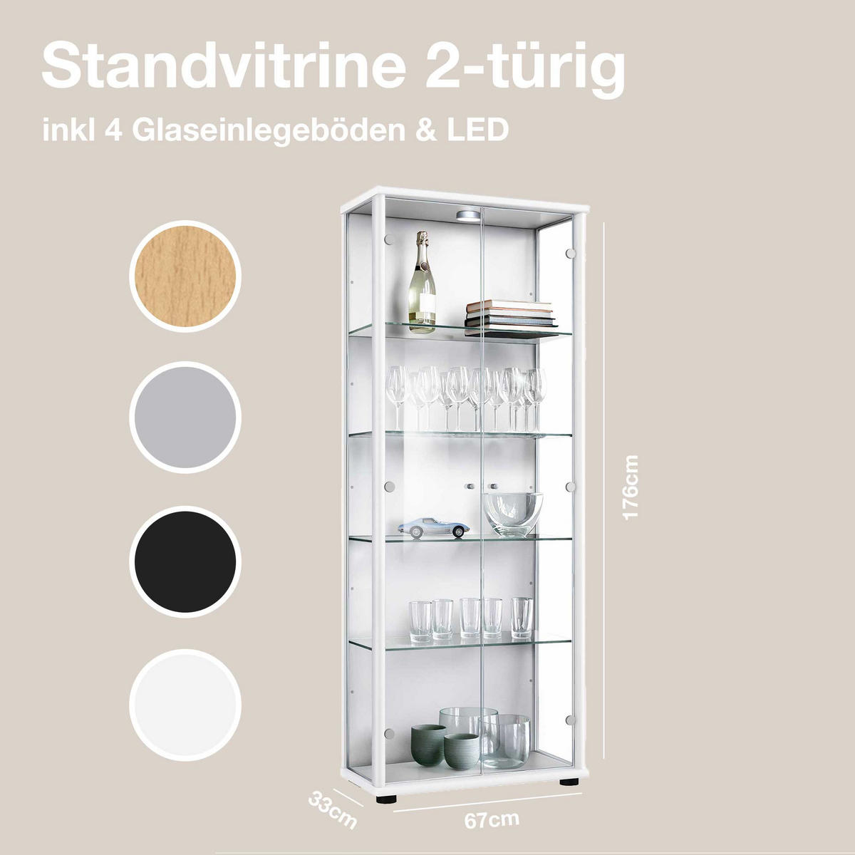 GLASVITRINE 33/67/176 cm mit LED & 4 höhenverstellbaren Glasböden - Transparent/Silberfarben, Glas/Holzwerkstoff (67/176/33cm) - K-Möbel