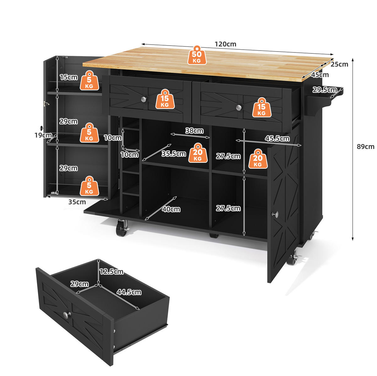 KÜCHENINSEL 120/89/45(70) cm Schwarz aus MDF mit klappbarer Arbeitsplatte - Schwarz, Holzwerkstoff (70/89/120cm) - OKMYHOME