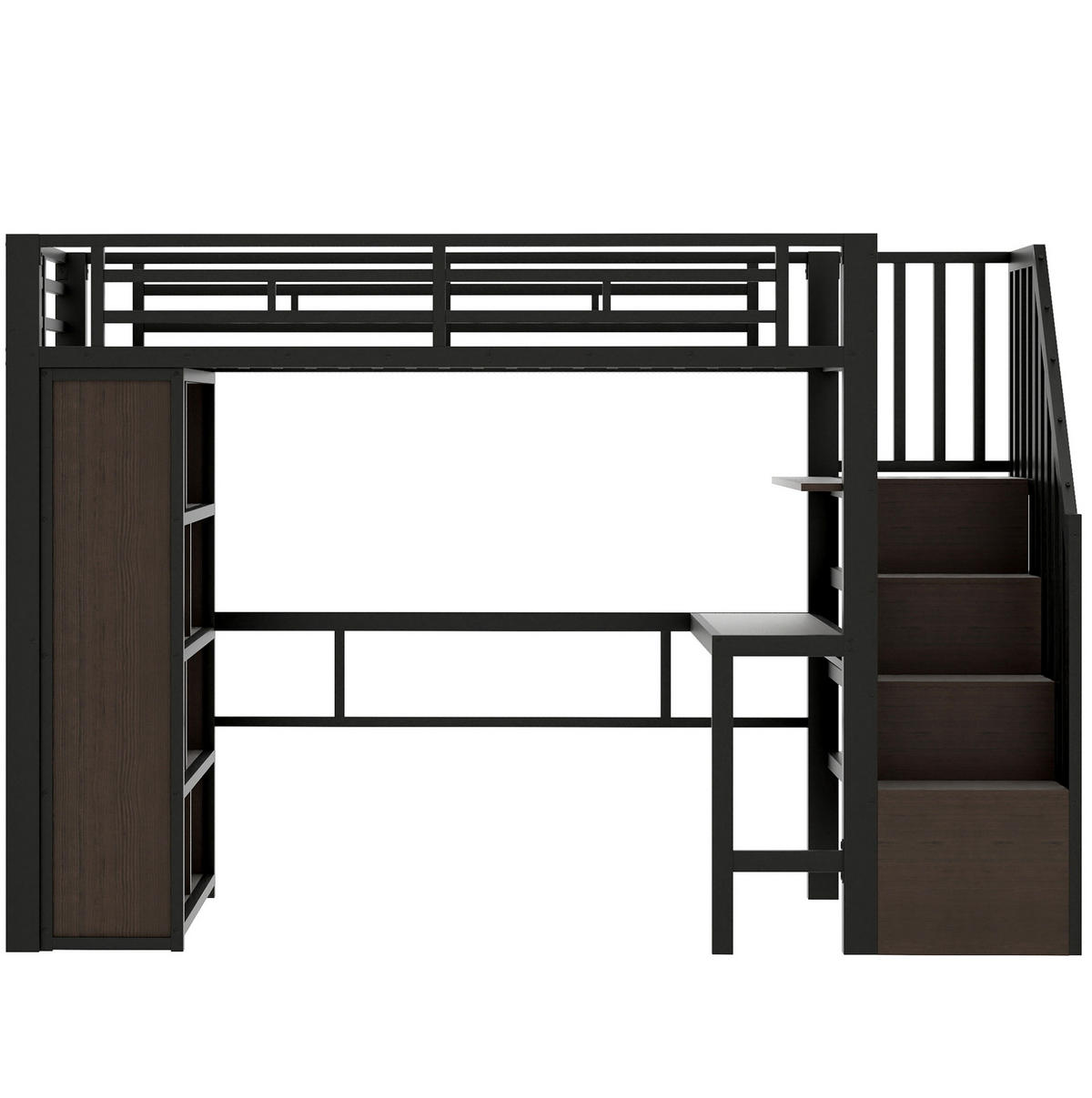 HOCHBETT 90/200 cm aus Metall/MDF mit Schreibtisch, Stauraumtreppe und LED-Lichtleiste Schwarz - Schwarz, Metall (90/200cm) - Modenvie