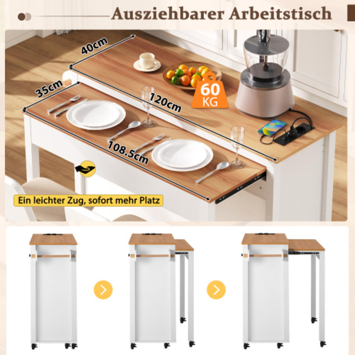 KÜCHENINSEL mit ausziehbarer Arbeitsplatte weiß 120×40-75×92 cm aus MDF - Weiß, Holzwerkstoff (120/92/75cm) - Luhomfu