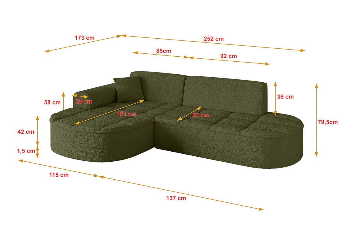 ECKSOFA Ottomane Links LIVO-L1 - 252x173x79,5 cm Grün - Grün, Holzwerkstoff/Textil (252/173cm) - ALTDECOR