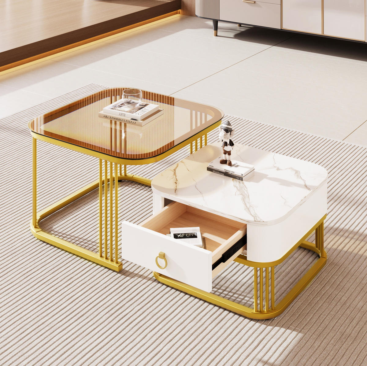 COUCHTISCH 60/60/44.5+50/50/34.5 cm in Weiß/Gold aus MDF mit Schublade - Weiß, Holzwerkstoff (60/60/45cm) - OKMYHOME