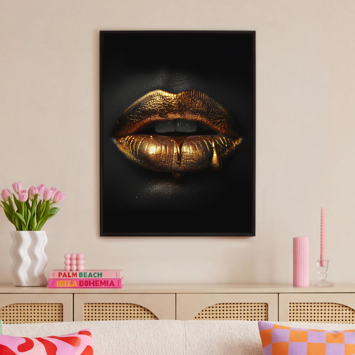 LEINWAND Bilder mit Rahmen - Frau - Porträt - Lippen - Gold - Schwarz - 70x100 - Schwarz, Textil (70/100cm) - MuchoWow