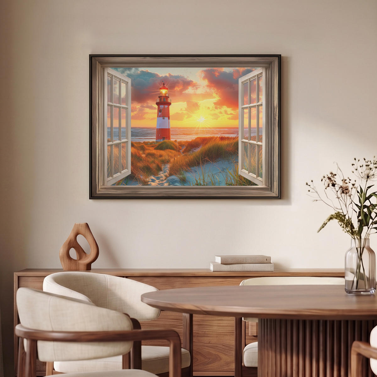LEINWAND Bilder mit Rahmen - Aussicht - Fenster - Leuchtturm - Sonnenuntergang - Strand - 70x50 - Dunkelorange, Textil (70/50cm) - MuchoWow