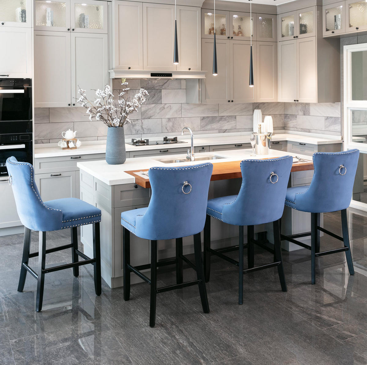 BARHOCKER 2er-Set Samt Blau mit Holzbeinen - Blau, Holz (50/103/60cm) - Meubliv