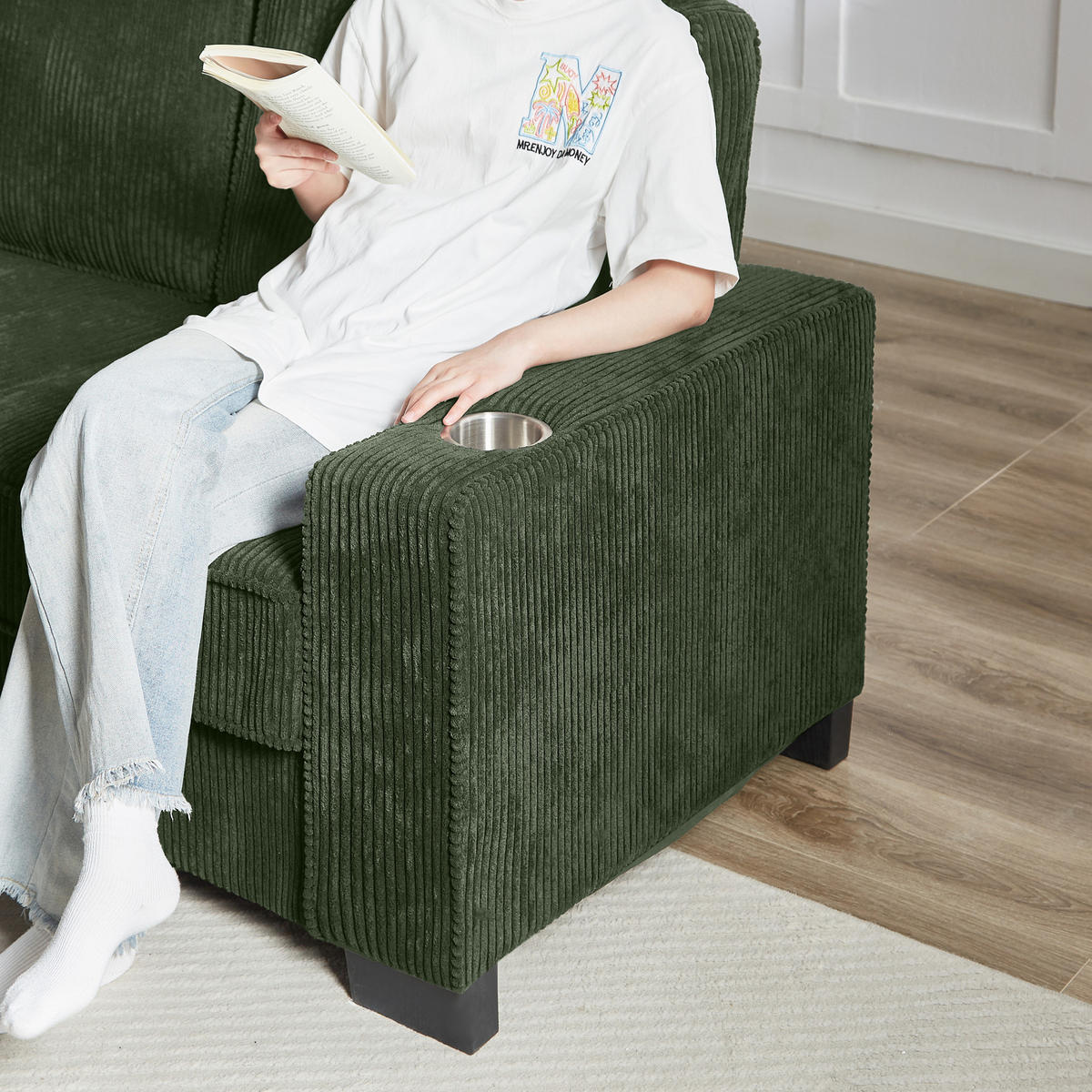 SOFA 3-Sitzer mit Getränkehaltern Cord Grün 206 cm - Grün, Holzwerkstoff (206/86/76cm) - Meubliv