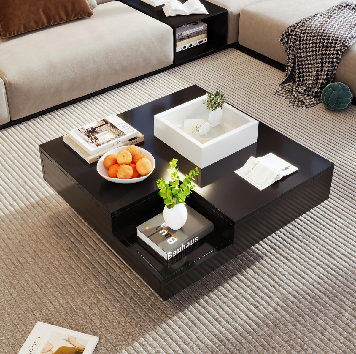 COUCHTISCH 72/72 cm mit LED-Beleuchtung und abnehmbarer Aufbewahrungsbox - Schwarz, Holzwerkstoff (72/72/30cm) - BEAOK