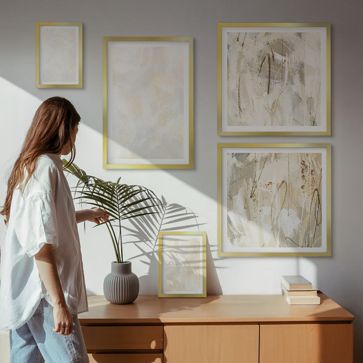 WANDBILDER 5er Set - 50x50 cm & 20x30 cm & 40x60 cm Goldrahmen - Helles Strukturfarbendesign - Goldfarben, Kunststoff (40/60cm) - ArtPrintCave