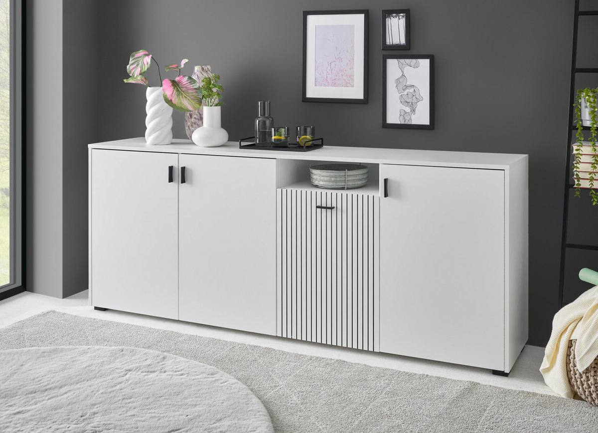 SIDEBOARD weiß matt, Kommode 200 cm mit 12 Fächern und Soft-Close - Schwarz/Weiß, Holzwerkstoff/Kunststoff (200/80/42cm) - Furn.Design