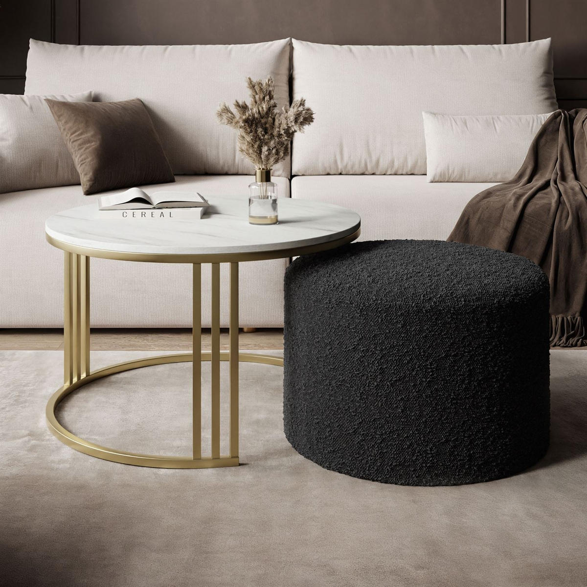 COUCHTISCH mit Hocker LORI MAT gebürstetes Gold/Marmor Levanto/Coral 60 - Weiß, Metall (70/70/49cm) - Lookway