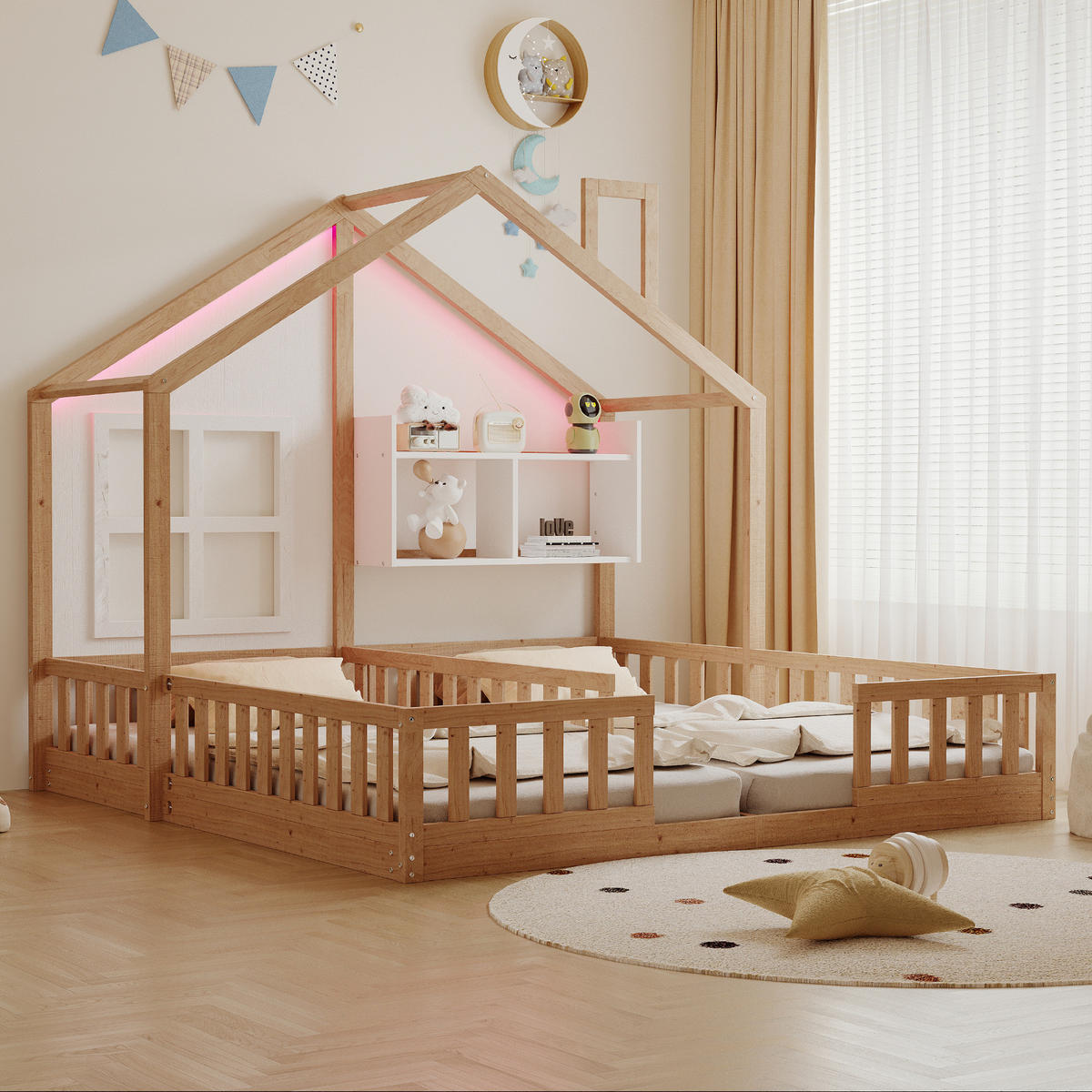 HAUSBETT 90/200 cm natur aus Massivholz und MDF mit LED und Sicherheitsgitter - Naturfarben, Holz (90/200cm) - OKWISH