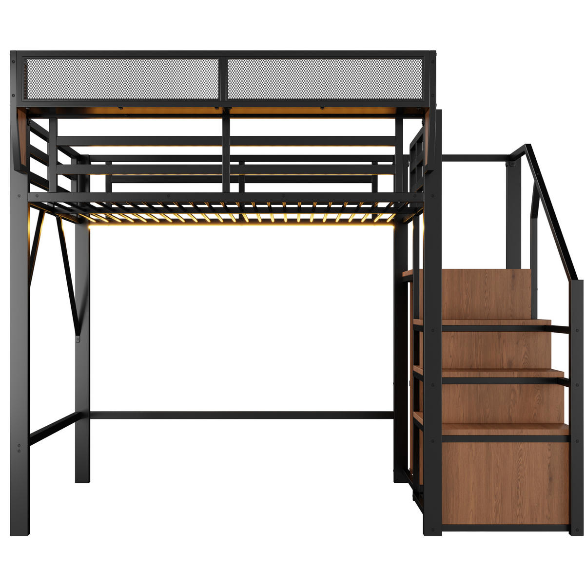 HOCHBETT 140/200 cm Schwarz mit LED und Sicherheitsleiter ohne Matratze - Schwarz, Metall (140/200cm) - MIVRAY