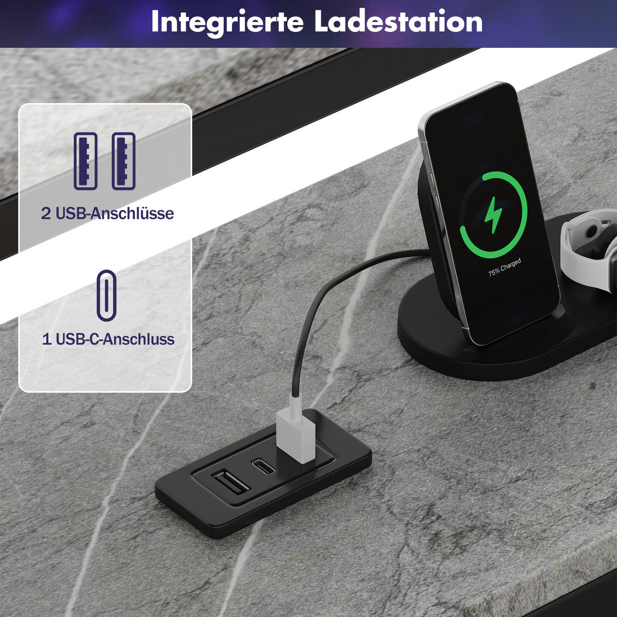 DAYBETT Beton 90x200 USB Type-C Schubladen Stauraum - Grau, Metall (90/200cm) - FLIEKS