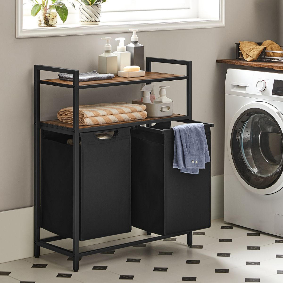 WÄSCHEBEHÄLTER mit 2 Fächern à 46L und 2 Regalen - Schwarz, Holzwerkstoff (33/92/73cm) - Calicosy