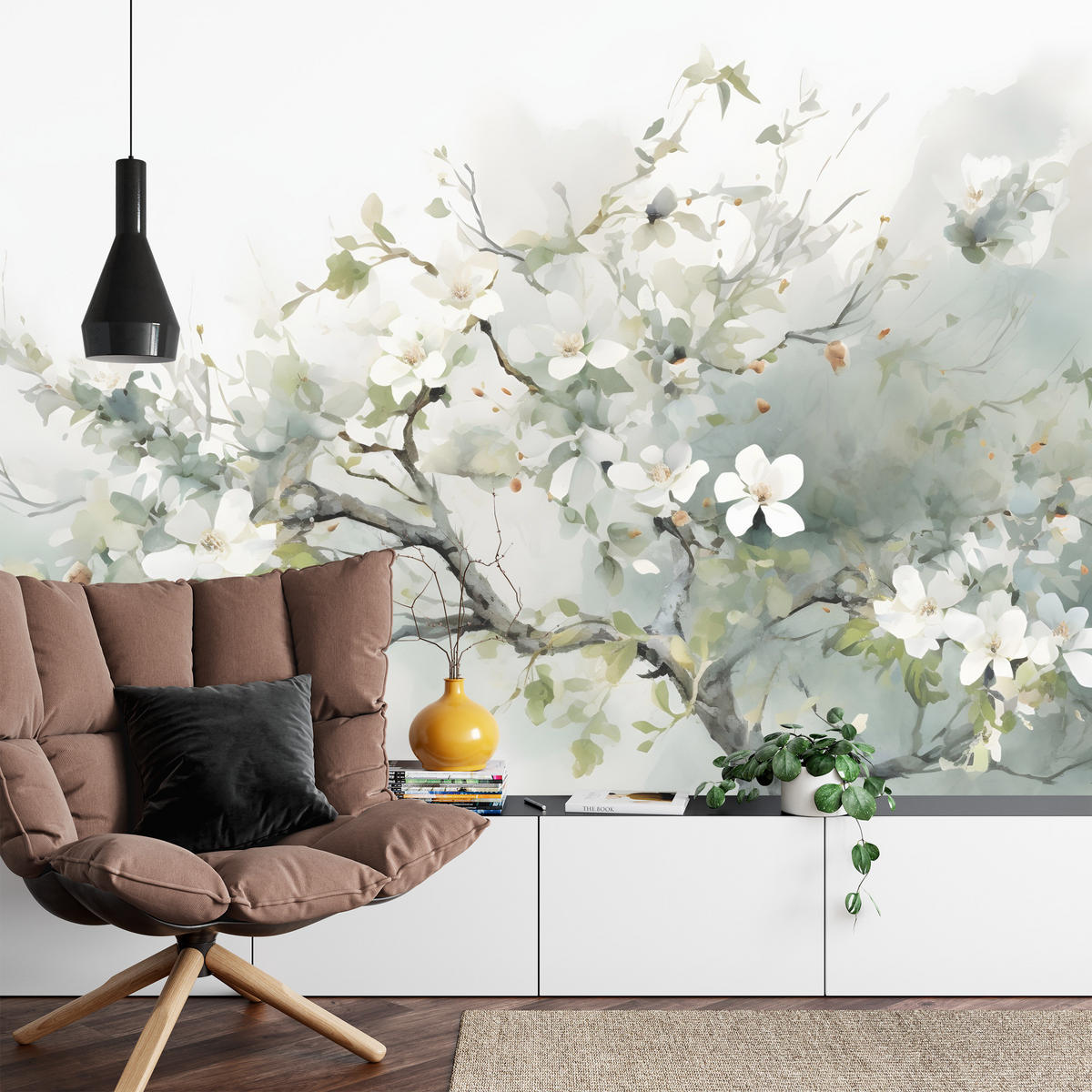 FOTOTAPETE für Wohnzimmer Aquarellbaum Blumen Natur 450x315 - Beige/Weiß, Papier (450/315cm) - Muralo