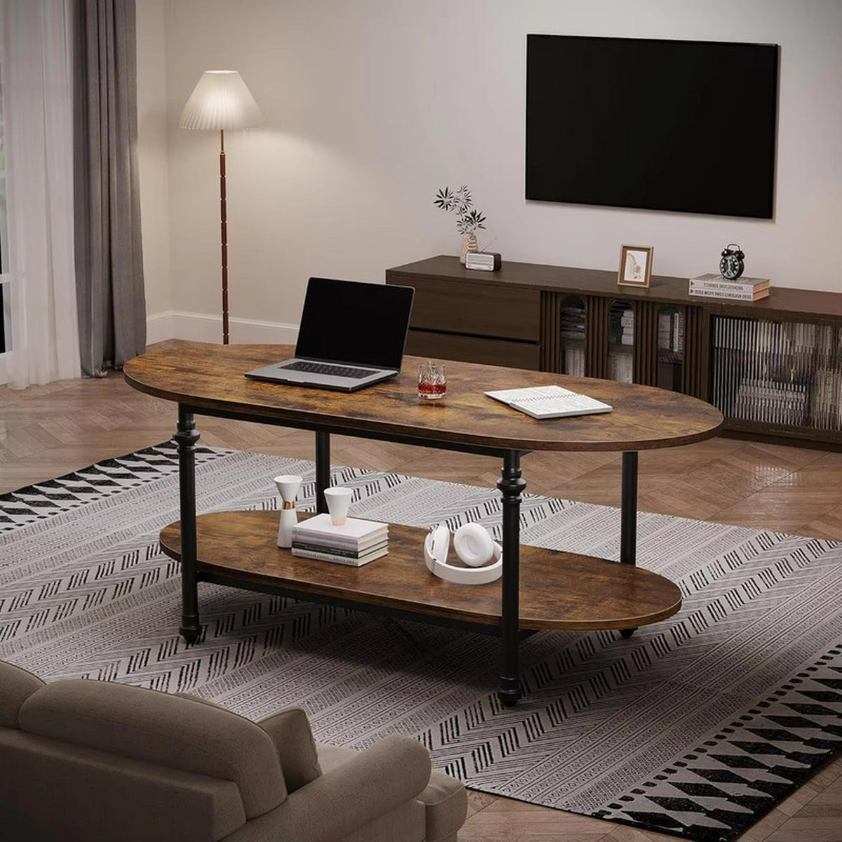 COUCHTISCH oval niedrig 2 Ebenen Mid Century Retro Design - Braun, Holz (119/54/43cm) - Kaket