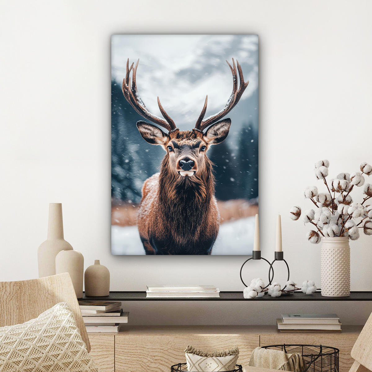 LEINWANDBILD Hirsche - Tiere - Landschaft - Winter - Schnee Wanddeko 40x60 cm - Kastanienfarben, Textil (40/60cm) - MuchoWow