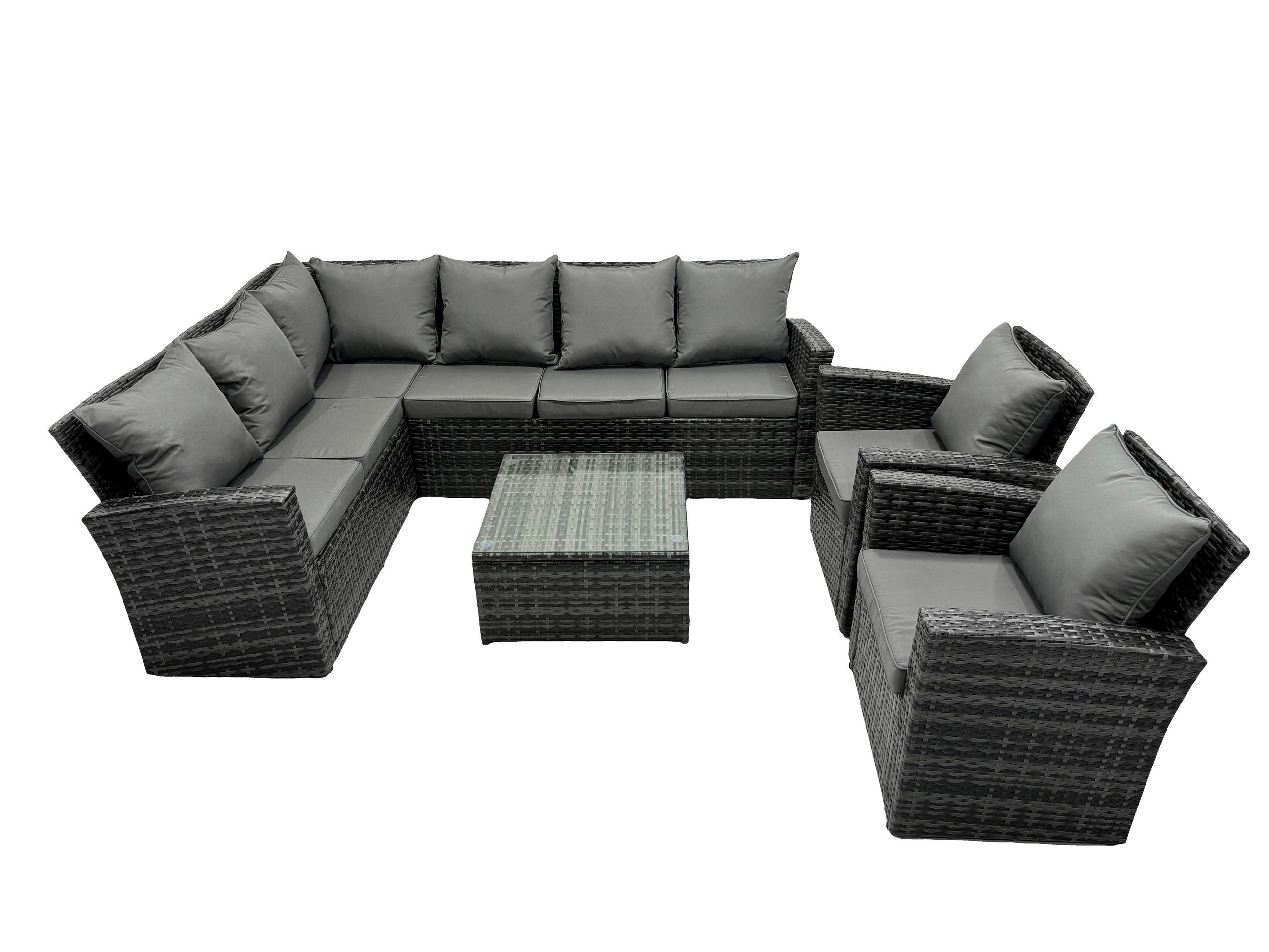 BALKONMÖBEL-SETS mit Ecksofa,Quadratischer Couchtisch,2 Sesseln Polyrattan Dunkelgrau 8-Sitzer - Dunkelgrau/Grau, Glas/Kunststoff - Fimous