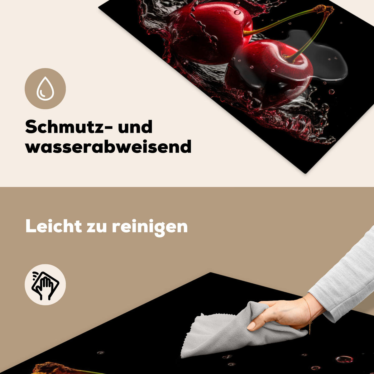 HERDABDECKPLATTE Kirsche - Rot - Frucht - Wasser - Schwarz 91x52 cm - Kirschrot, Kunststoff (91.6/0.2/52.7cm) - MuchoWow