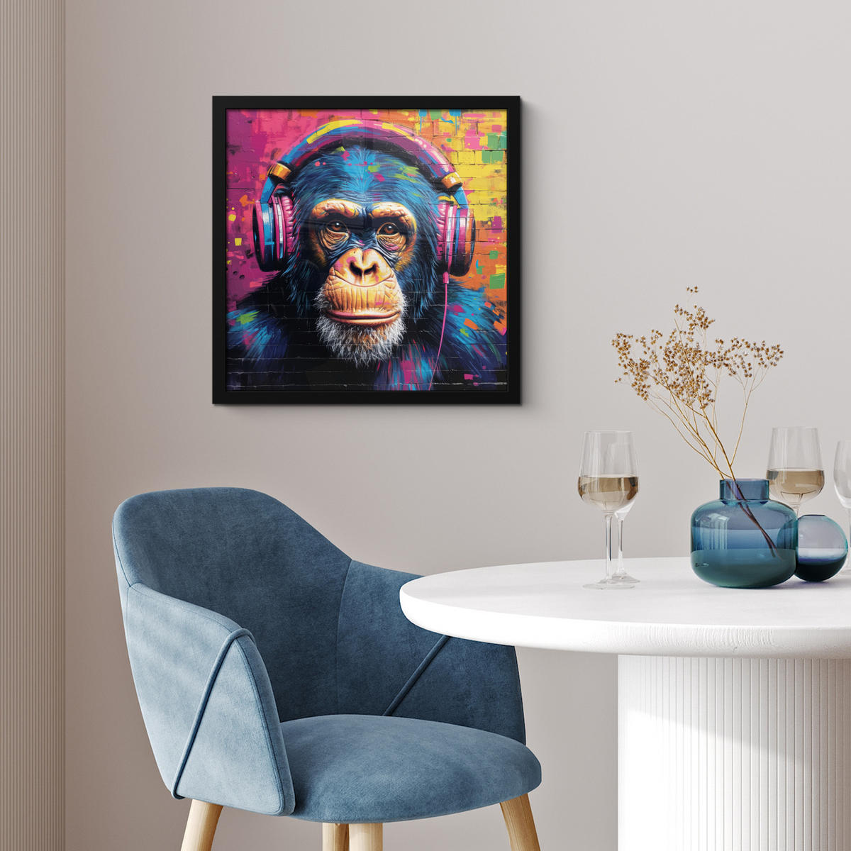 POSTER MIT RAHMEN Graffiti - Schimpanse - Straßenkunst - Kopfhörer - Affe 40x40 cm - Blau, Papier (40/40cm) - MuchoWow