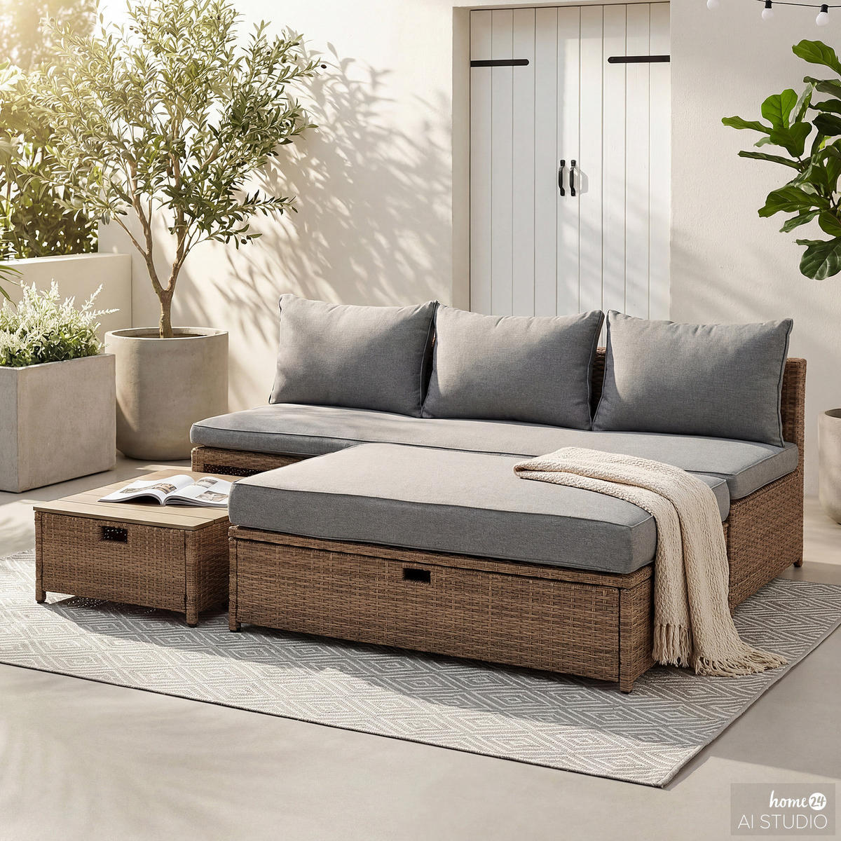 LOUNGESET 3-teilig - Polyrattan / Webstoff - Braun / Grau - Braun/Grau, Naturmaterialien/Textil - home24