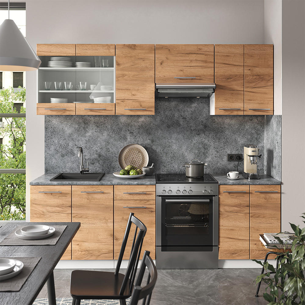 KÜCHENZEILE Fame-Line Goldkraft Eiche/Weiß 240 cm, AP Anthrazit - Eiche Wotan/Weiß, Holzwerkstoff (240/81.6/60cm) - Vicco