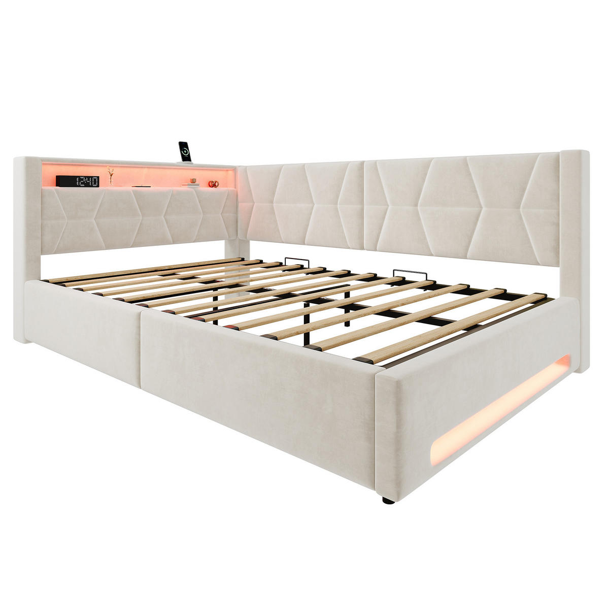 ČALOUNĚNÁ postel 140/200 cm s LED osvětlením, USB-C, úložným prostorem a hydraulickým roštem, Béžová - béžová, kov (140/200cm) - Redom