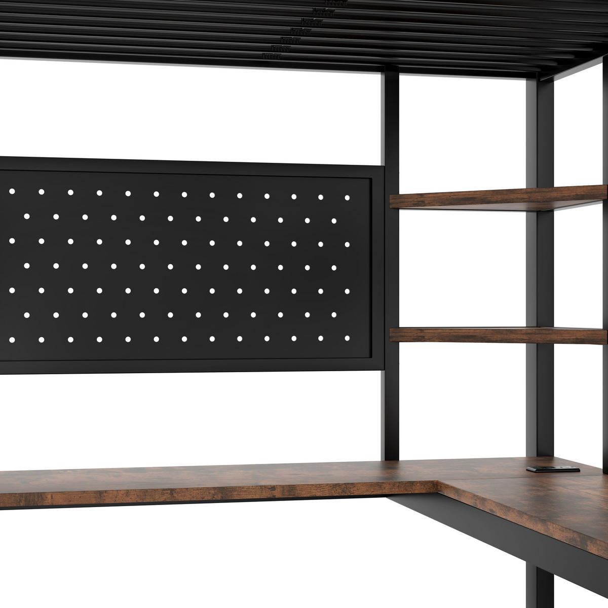 HOCHBETT 90/200 cm aus Metall mit Schreibtisch, LED-Leiste, USB-C, Schwarz - Schwarz, Metall (90/200cm) - OKMYHOME