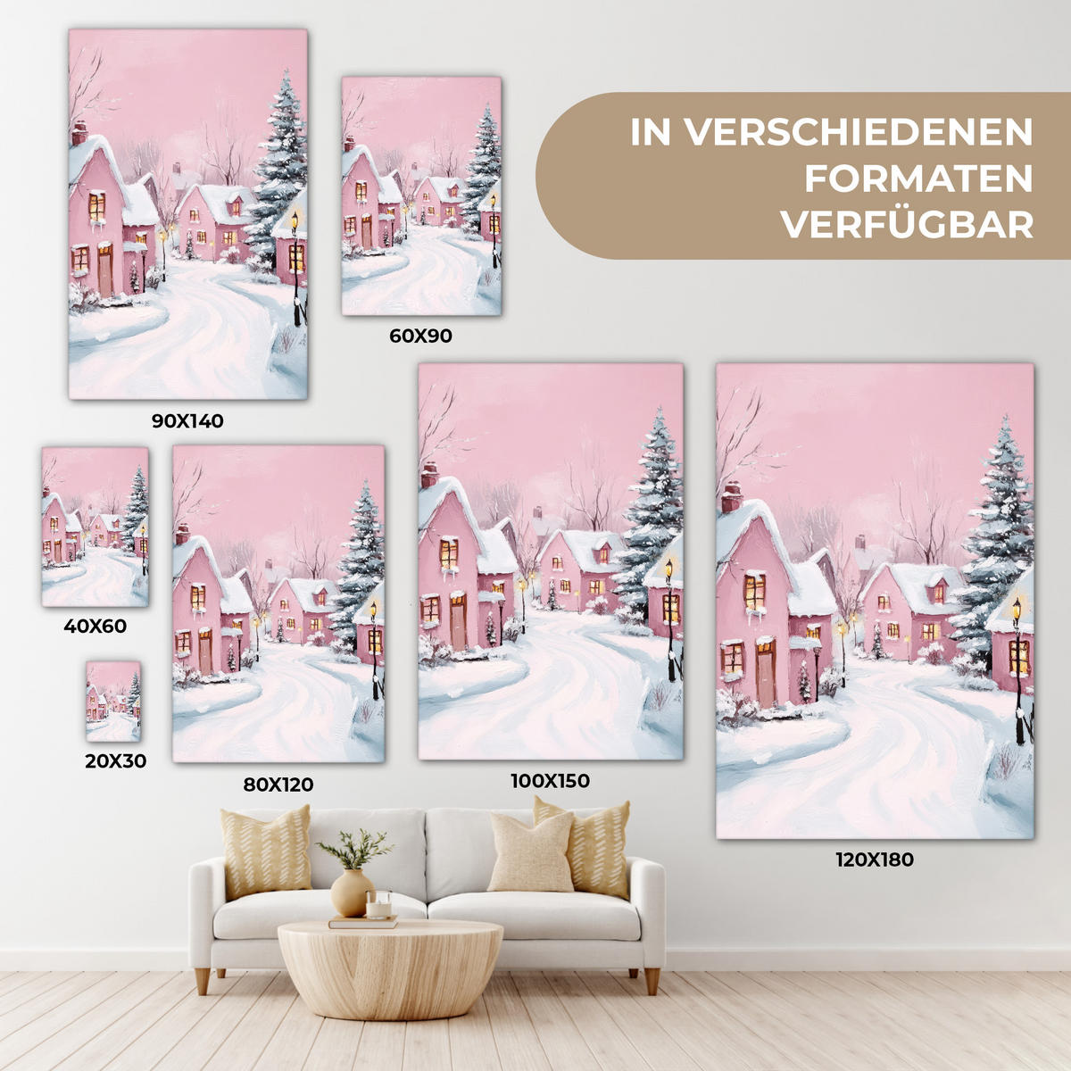 LEINWANDBILD Weihnachtsdorf - Rosa - Winter - Schnee - Häuser 40x60 cm - Altrosa, Textil (40/60cm) - MuchoWow