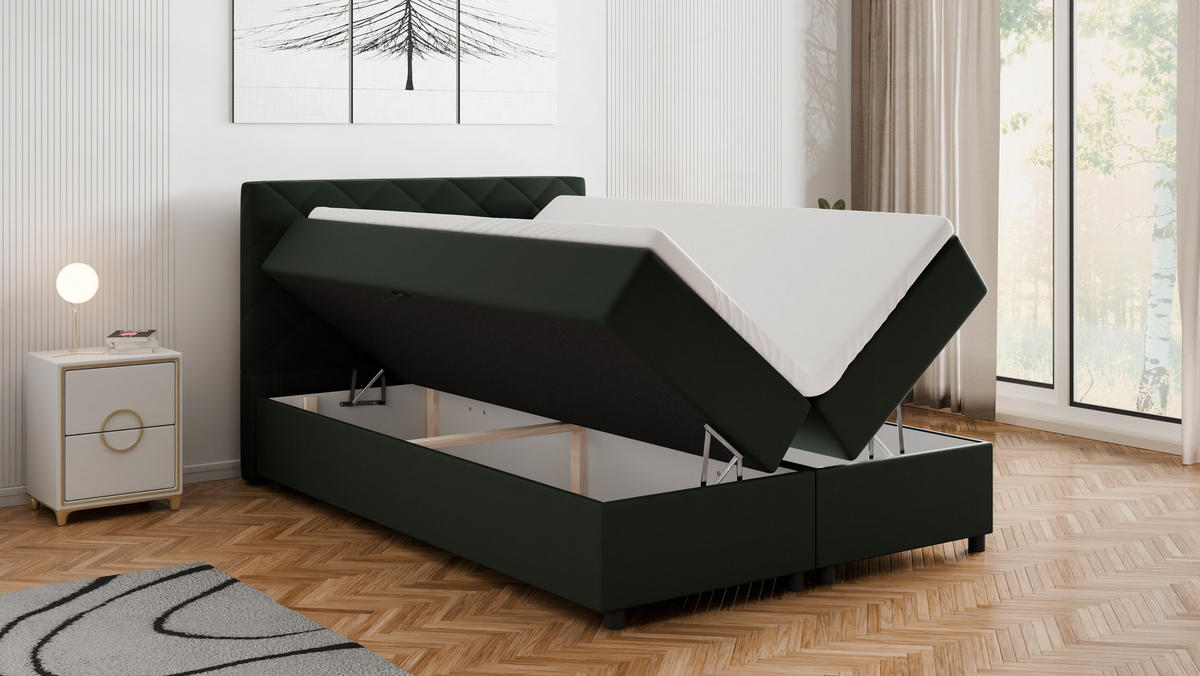 BOXBETT Diamaro 140x200 cm mit Bettkasten und Topper - Dunkelgrün - Grün, Holz (140/200cm) - Panda Möbel
