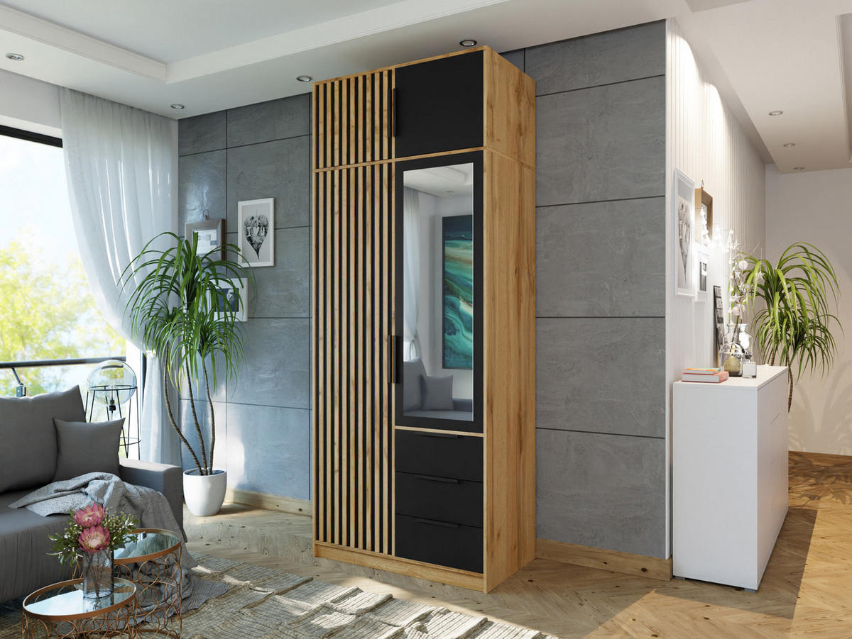 KLEIDERSCHRANK Bali Lux D2 mit Schrankaufsatz - Schwarz/Braun, Holzwerkstoff/Metall (100/245/58cm) - MIRJAN24