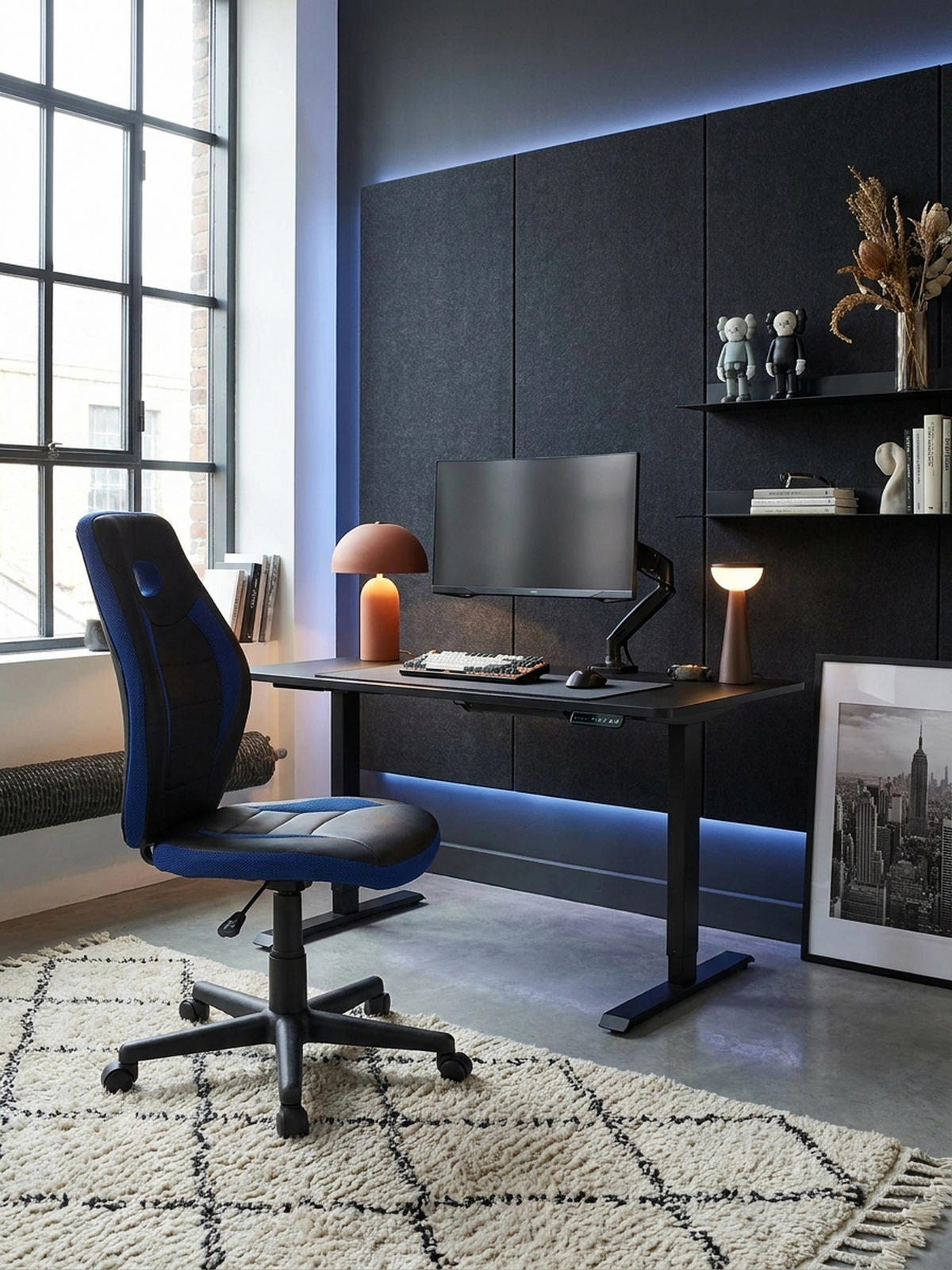 JUGENDDREHSTUHL Hohe Rückenlehne Schulterstütze Kunstleder Mesh, Blau 63x63x103 cm - Blau/Schwarz, Kunststoff/Textil (63/103/63cm) - KADIMA DESIGN