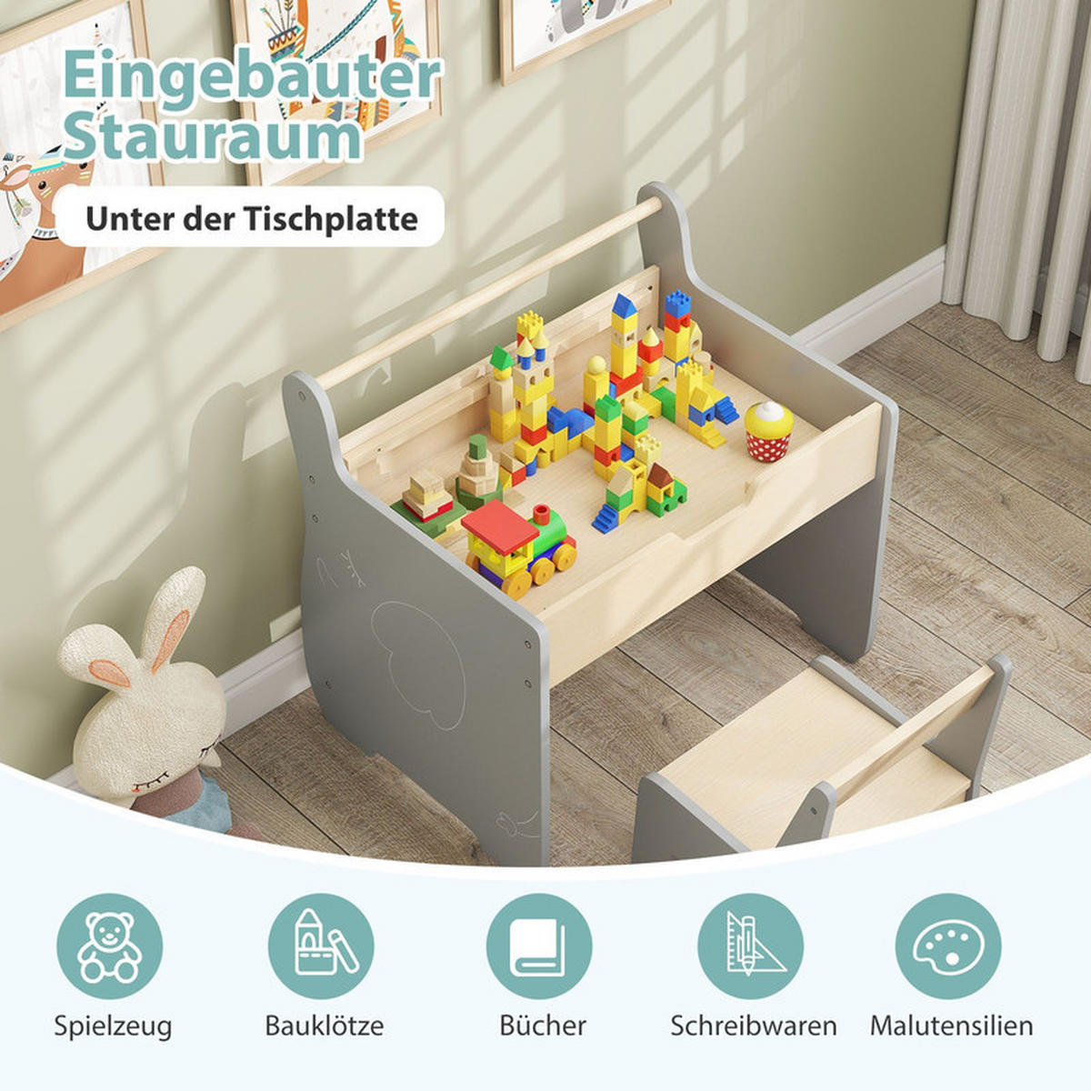 KINDERTISCH mit Stuhl grau(2-tlg) - Grau, Holzwerkstoff (61.5/59/47cm) - COSTWAY